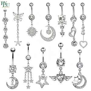 Anneau de nombril ASTM-F136 plaqué argent avec pendentif long fleur, papillon, lune, étoile et zircon – Bijou de piercing pour nombril - Product Image 1