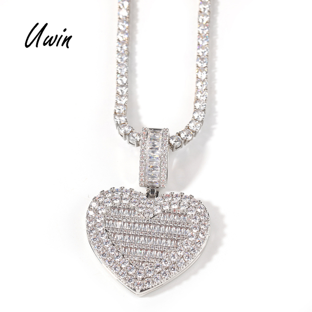 UWIN Hip hop Baguette Cut Iced CZ Heart Locket Pendant With Picture Inside Bigger Size Heart Photo Pendant Memorial Pendant
