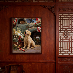 <span class=keywords><strong>ภาพ</strong></span><span class=keywords><strong>วาด</strong></span>บนผื<span class=keywords><strong>น</strong></span>ผ้าใบติดกรอบลายธงชาติอเมริกา รูปสุนัขและดอกไม้ สำหรับตกแต่งบ้านสไตล์ฟาร์มเฮาส์ - Product Image 3