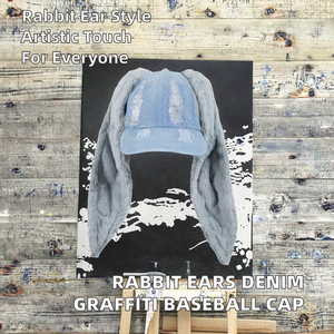 Casquettes de baseball pour femmes en jean denim, motif oreilles de lapin dessinées à la main, effet délavé, graffiti, 100% coton, 6 panneaux, boucle métallique, trous style hip-hop - Product Image 2