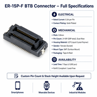 Connecteur Board-to-Board (BTB) ER-15P-F, Prise Femelle, Pas de 0,8 mm, 2x15P 30P Double Rangée, SMT LCP, Plaqué Or, 0,3A, Conformité RoHS
