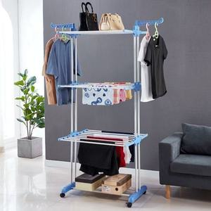 Mobile Multi Layer Clothes <b>Drying</b> <b>Rack</b> Floor Standing Folding Double Pole Towel <b>Rack</b> With Wheels For Indoor Use - Product Image 2