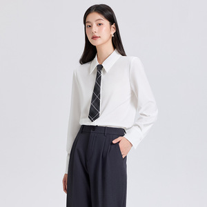 Women's Blue Long Sleeve Shirt With Tie Solid Color Polyester Office Wear For Professional Work Commute Interview Autumn 2025 - Product Image 4