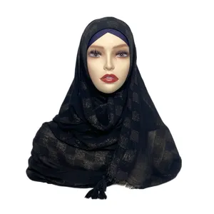 Customized ethnic black stripes rayon cotton khimars hijab musulman viscose scarves tassel turban knitted shawls for women