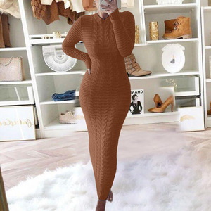 Robes de grande taille pour femmes, torsadé, couleur unie, manches longues, col rond, Maxi, robes de base en laine - Product Image 6