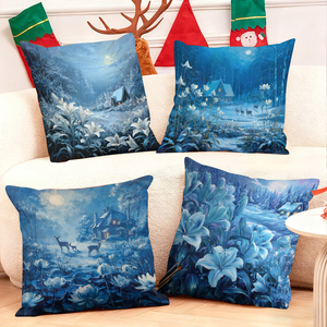 Bantal hias tema musim dingin berwarna biru dengan pemandangan bersalju dan rusa di bawah cahaya bulan menghiasi sofa ruang tamu yang nyaman. - Product Image 1