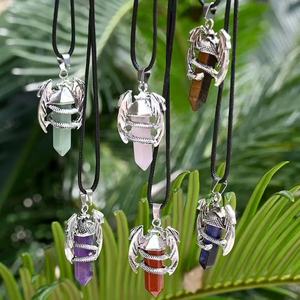 5cm Natural Crystal Hexagonal Column Vintage <strong>Dragon</strong> Pendant Quartz Raw <strong>Stone</strong> Amethyst tiger Eye Silver Winding Pendant Necklace - Product Image 6
