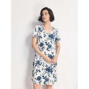 Custom Bamboo Women Summer Nightgown Spandex V-Neck <b>Lounge</b> <b>Dress</b> Bamboo Lace Trim Soft Floral Pattern Knee-Length Short-Sleeved - Product Image 1