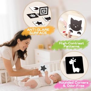 Grandes cartes pour bébés de 5,7''x5,7'' à contraste élevé, 40 pages, pour nourrissons de 0 à 36 mois, stimulation visuelle, cartes noir et blanc pour nouveau-nés - Product Image 6