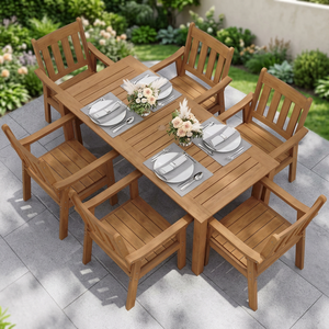 Ensemble de table à manger d'extérieur en teck moderne avec 6 fauteuils à lattes - Product Image 1