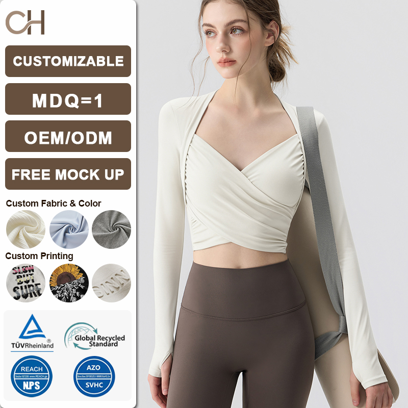 Womens V-Neck Long Sleeve Cross Wrap Top Slim Fit Soft Knit Layering Shirt Casual Yoga Gym Bandage Tie Tops