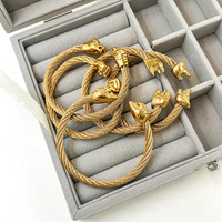 Mode plaqué or en acier inoxydable Double tête Lion loup tête de léopard Bracelet câble torsadé fil hommes femmes Bracelet manchette ouvert
