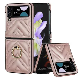 Fashionable 3D V-Shaped Leather Grain Phone Case for Samsung Galaxy Z Flip 5 Z Fold 4 3 Rotating Ring Luxury Waterproof Pro Logo