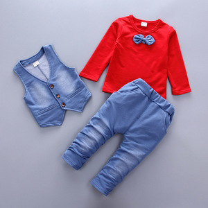 Vente flash - Nouvelle mode printemps-automne - Ensemble de 3 pièces pour bébé garçon - Style denim en coton avec cravate - Costume pour enfants - Product Image 5
