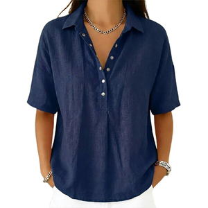 Camiseta de Lino de Manga Corta para Mujer, Cuello Camisero, Corte Holgado, Estilo Casual de Verano - Product Image 4