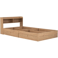 Cadre de lit plateforme simple HIRADO en panneau stratifié écologique, durable et minimaliste, avec tiroirs de rangement intégrés, finition chêne