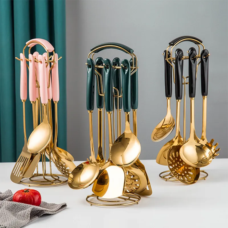 Stainless Steel Kitchen Accessories Set Standcn 7 PCS Gold Cooking Utensils Rotating Holder Spatula Soup Ladle Slotted Spoon