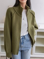 Damen-Strickjacke im koreanischen Stil für den Herbst, dick, mit langen Ärmeln, einfarbig, Stehkragen, Reißverschluss