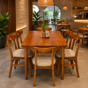 Juego de Muebles de Comedor de Teca Sólida de Lujo con Seis Sillas Tapizadas para Restaurante, Hotel, Villa e Interiores Modernos - Product Image 6