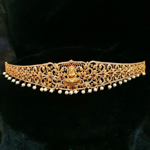 Matte Ruby Gold Plated Alloy Flower Design Lakshmi Style Ottiyanam Fashion Body Jewelry - Product Image 1