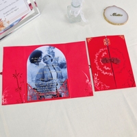 Carte d'invitation de mariage orientale de style chinois en feuille d'or rouge, avec nœud traditionnel, bouton personnalisé, photo d'orchidée en bambou, invitation en acrylique cintrée