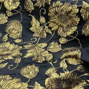 Vintage altın çiçek boyama tasarım Polyester metalik jakarlı Brocade parti bez jakarlı kumaş