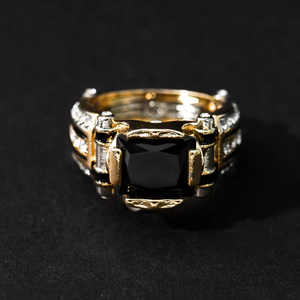ZhuQian Großhandel Legierung Vergoldete Zweifarbige Elite-Temperament Herrenringe Party Klassisch Punk <span class=keywords><strong>Retro</strong></span> Quadratisch Schwarzer Zirkon Schmuck - Product Image 5