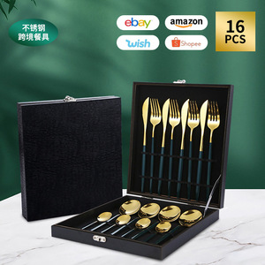 Pei Jiale 16 Piece Stainless Steel Cutlery Set With Wooden <b>Box</b> Black And Gold Portuguese Style Dishwasher Safe - Product Image 4