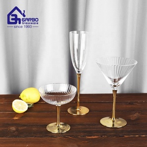 <strong>Wholesale</strong> Hand Craft Transparent Glass Goblet Ribbed <strong>Champagne</strong> Glass Cup <strong>Flute</strong> Beverage Stemware Wine Glassware With Gold Stem - Product Image 1