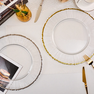 Vajilla de restaurante al por mayor, plato de cena de 13 pulgadas de cristal con borde dorado, cristal acanalado plateado para bodas, platos de cargador irregulares - Product Image 5