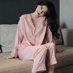 Conjunto de Pijama de Manga Larga con Encaje Dulce para Verano 2026, Pijama de Seda Satén Blanca con Cuello en V para Mujer - Product Image 6