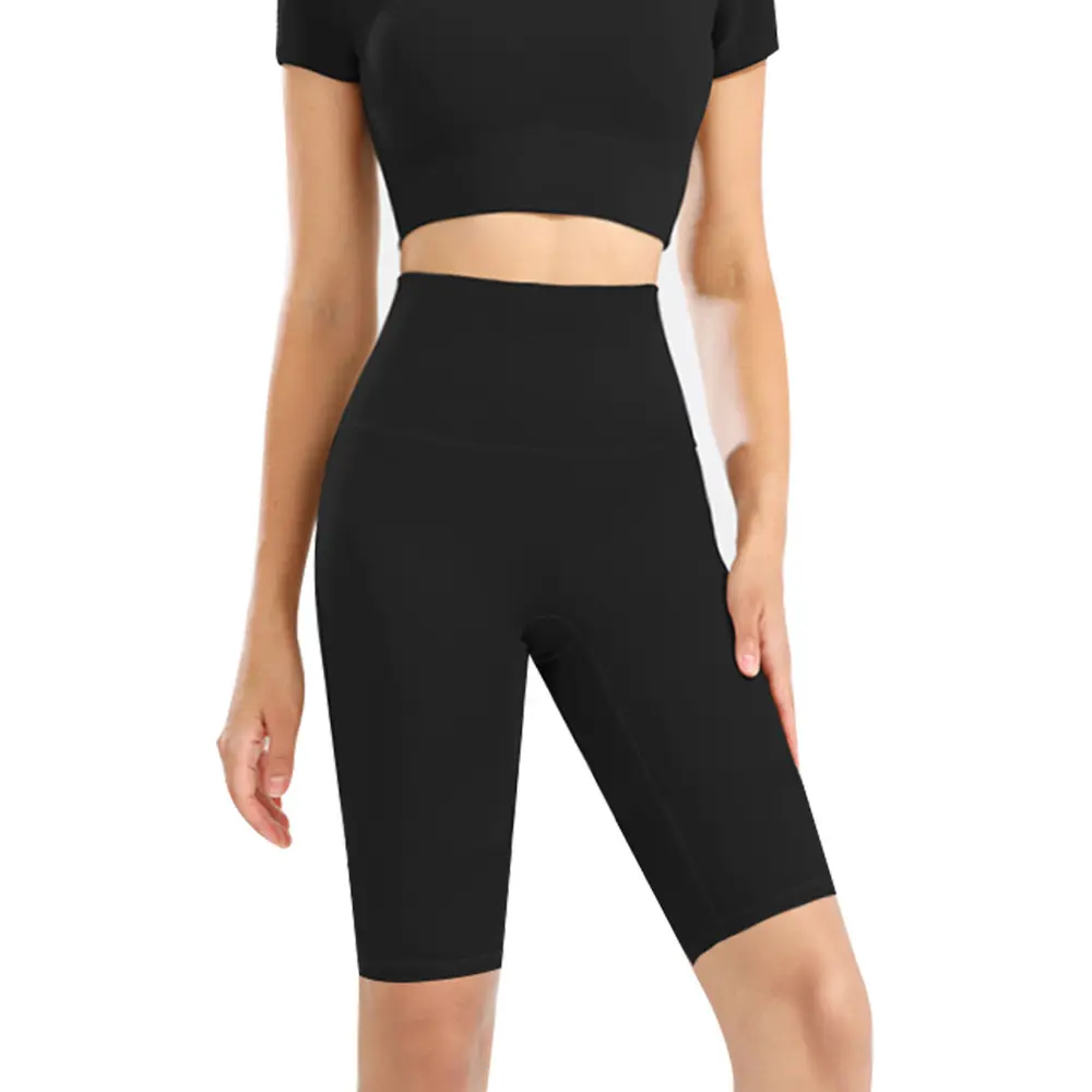 Nuevos pantalones de yoga Control de barriga de cintura alta Sin costura frontal Gimnasio Correr Tallas grandes Fitness Ropa activa Yoga Biker Mujeres Pantalones cortos de yoga