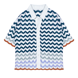 Polo Estiva in Maglia Personalizzata a Maniche Corte con Sfumatura a Onde Lavorata a Uncinetto <span class=keywords><strong>Cardigan</strong></span> da Uomo in Jacquard 100% Cotone - Product Image 4