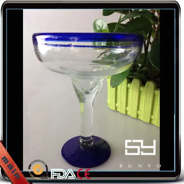 Bán buôn tùy chỉnh Hỗ trợ 12oz Cobalt Blue rim Mexico Margarita thủy tinh lớn màu xanh rim Margarita thủy tinh