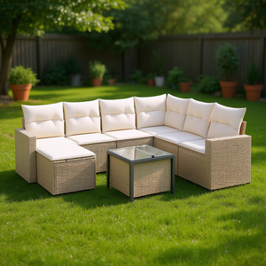 Conjunto de sofá de jardín de ratán sintético para 6 personas, muebles de exterior con estructura de acero y vidrio templado, diseño contemporáneo. - Product Image 2