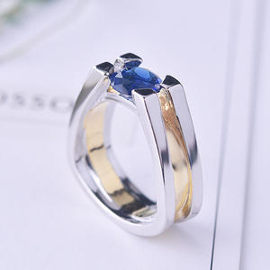 Anillo Wish AliExpress con Zafiro y Diamante Simulado, Oro de 18k, Banda de Dos Tonos, Joyería de Compromiso para Mujer, Diseño Geométrico - Product Image 5