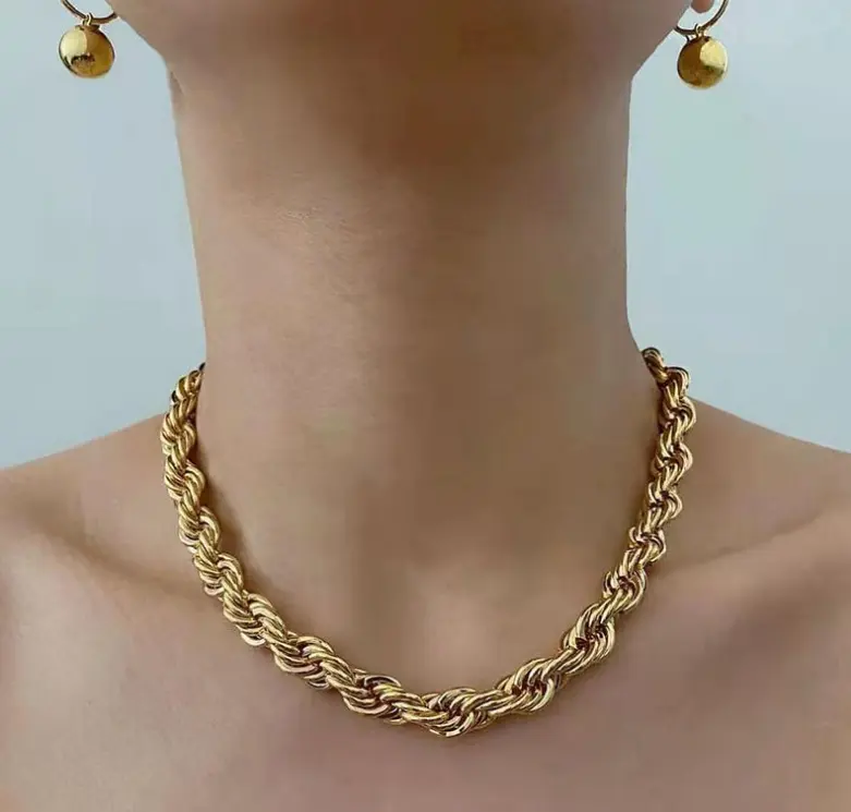 7mm Hip Hop 18K Gold Plated Stainless Steel Thick Twisted Rope Chain Choker Necklaces For Women