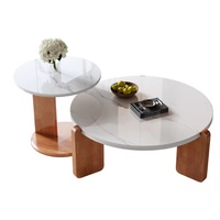 Table basse ronde moderne en marbre avec base en bois, design emboîtable, mobilier de salon, style minimaliste