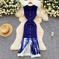 Vêtements femmes LW1369 Robe en tricot sans manches élégante avec panneau contrasté Design-Robe longue minimaliste et moderne pour femme