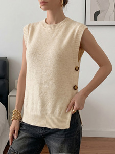 Gilet pull <span class=keywords><strong>sans</strong></span> manches en tricot boutonné pour femme, <span class=keywords><strong>col</strong></span> rond, coupe ample, style décontracté, printemps-automne, vente en gros usine - Product Image 2