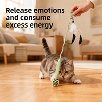 Baguette de jeu pour chat de dessin animé, auto-entretenue, anti-ennui, avec plume et pompon, longue tige en plastique durable, jouet à mâcher pour chatons, brûle l'énergie