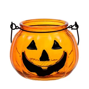 Candle Glass Holders Pumpkin Shaped Glass Lantern Tealight Candle Holder With Handle For Halloween Eco-friendly