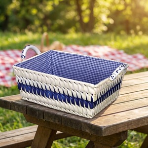 Multi-Color <b>Storage</b> <b>Basket</b> <b>Rectangular</b> Palm Leaf <b>Storage</b> Bins with Blue Gingham Lining and Dual Handles - Product Image 1