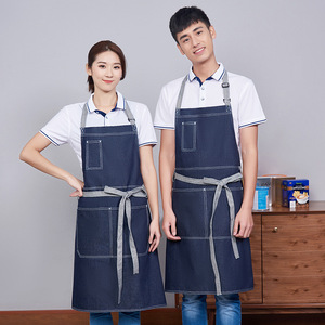 Denim Adjustable Halter Neck <b>Kitchen</b> <b>Apron</b> For Restaurants Bars Blue Polyester Workwear - Product Image 1