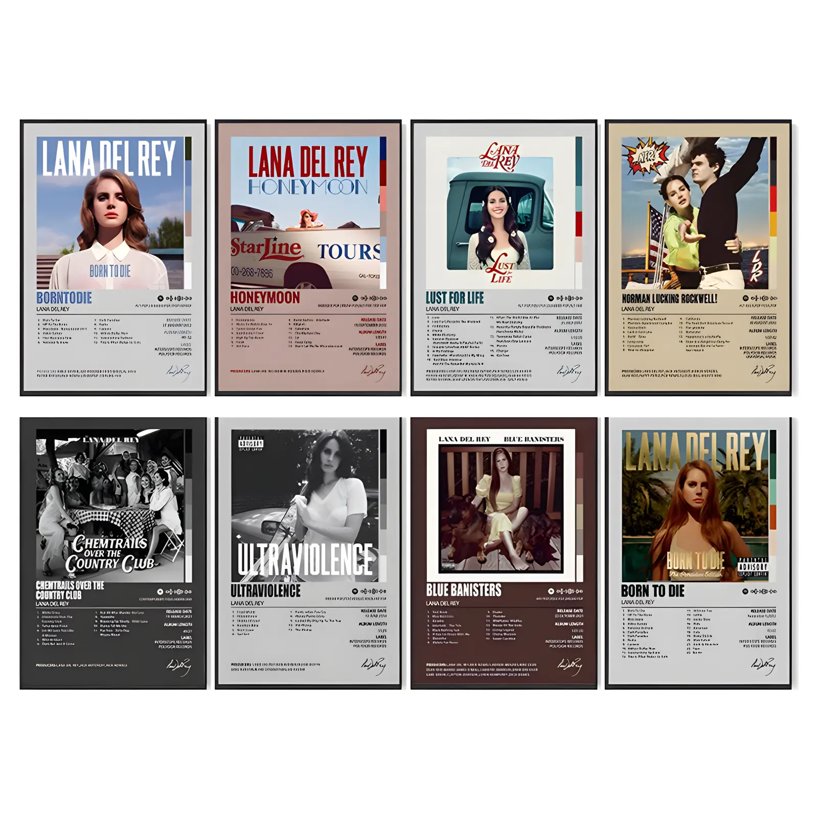 Pósteres de Lana Del Rey, portada de álbum, póster de música para habitación, lienzo estético, arte de pared para decoración de habitación de adolescentes y niñas (juego de 8 8X12in)