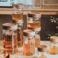 Frascos de Vidrio de Borosilicato con Tapa de Bambú, Herméticos, Aptos para Alimentos, 500 ml, Redondos, Transparentes, para Té o Miel