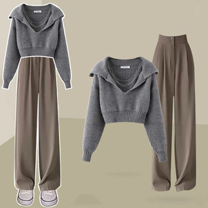 Maglione bianco da donna con collo a girocollo autunno inverno Casual da donna <span class=keywords><strong>maglia</strong></span> <span class=keywords><strong>maglia</strong></span> <span class=keywords><strong>pantaloni</strong></span> larghi 3 pezzi Set da donna - Product Image 4