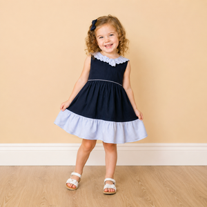 Elegante Vestido sin Mangas para Niñas de 2 a 10 Años, Corte en A, con Rayas Festoneadas, Cuello Peter Pan, Lazo y Volantes en el Bajo, Personalizado - Product Image 4