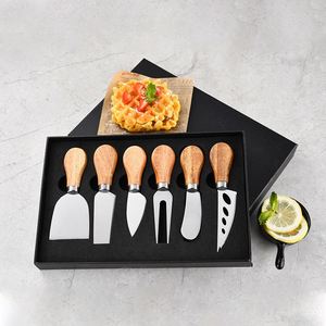 도매 치즈 나이프 세트 (4 개): 스테인레스 스틸 블레이드 + 고무 우드 핸들 | 라운드 도마 + 피자/버터 나이프 - Product Image 5