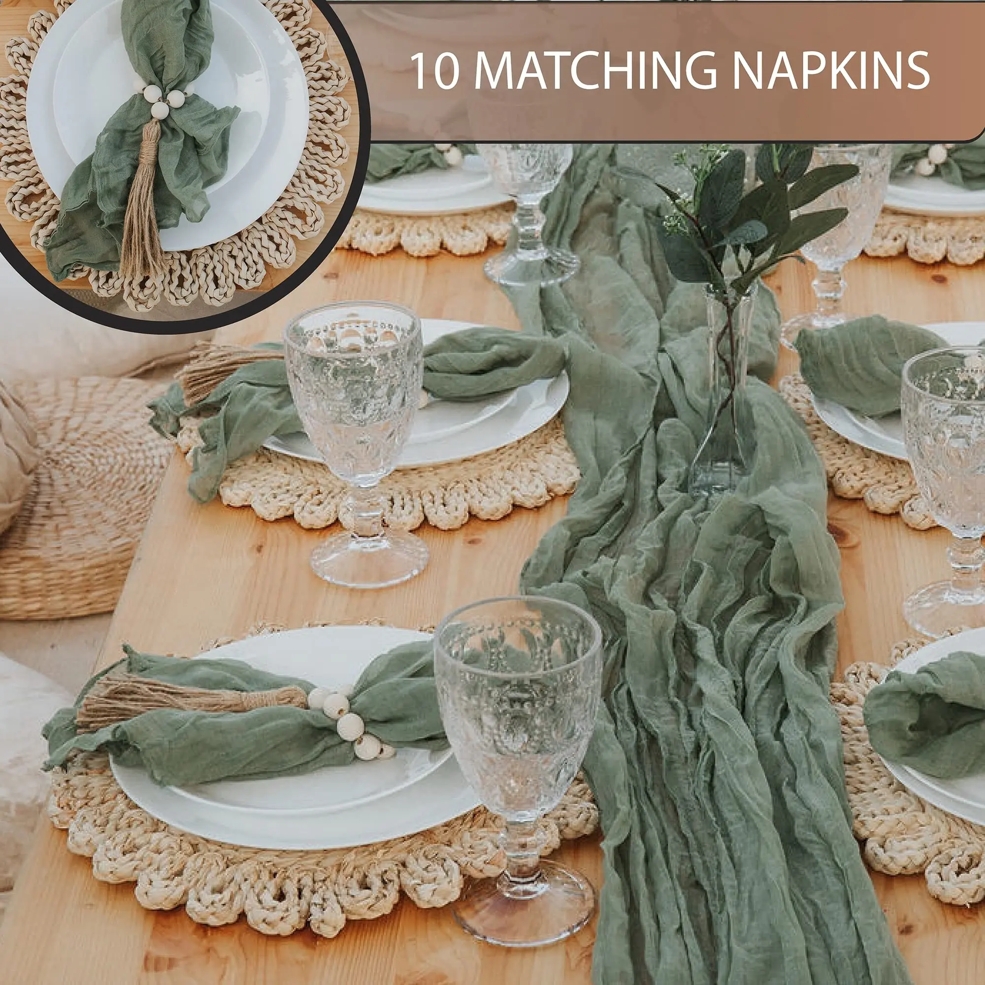 Gauze Boho Table Runners Cheesecloth Table Runner + 10 Napkins Sage Green Table Runner Wedding Decorations for Reception